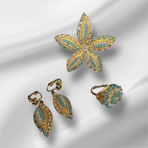 Sarah Coventry Starfish Brooch Earrings Ring Set Turquoise Faux Pearl Gold Tone